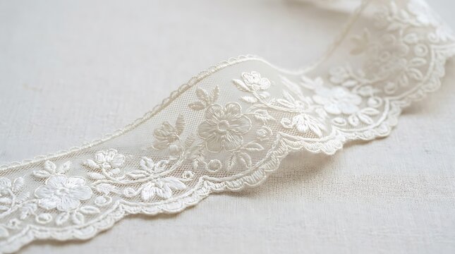 A horizontal white embroidered lace trim with scalloped floral edging, on a transparent background for borders, invitations, textiles, and decorative layouts