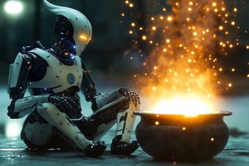 Naklejka premium Robot wizard conjures magic at twilight, near shimmering cauldron of light