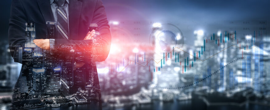A confident businessman stands in front of a vibrant city skyline, with financial graphs overlaying the scene, symbolizing growth and success in a modern economy. Scalp