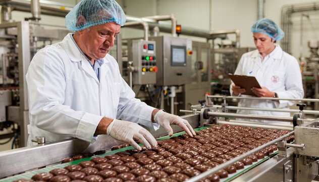 Dedicated Food Industry Professionals Oversee Quality Control of Delicious Confectioneries on a Modern Manufacturing Production Line