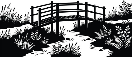 Rustic wooden bridge silhouette crossing small stream surrounded by lush wild vegetation © MstRina