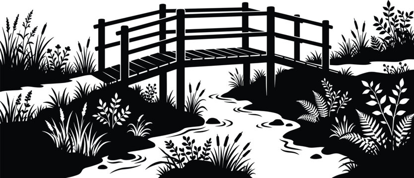 Rustic wooden bridge silhouette crossing small stream surrounded by lush wild vegetation