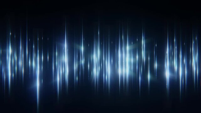 Abstract glowing blue and white vertical light flares resembling a sound wave equalizer on a dark black background. Perfect for music, technology, energy, and futuristic design concepts.
