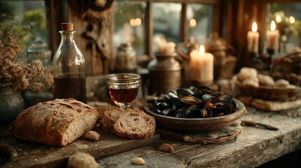 Fototapeta premium Fresh oysters, wine, and bread. Illustration on nutrition and lifestyle.