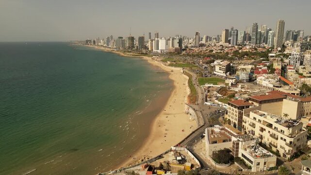 Aerial View of Tel Aviv Skyline and Mediterranean Beach Jaffa Israel