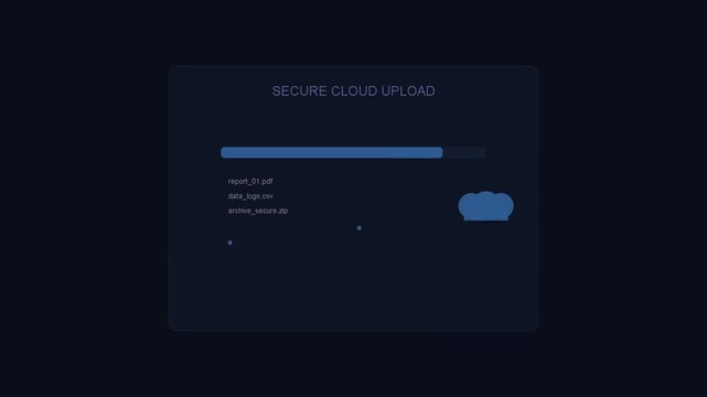 Secure cloud upload interface animation, digital data transfer progress bar on dark background, cyber security and file storage concept