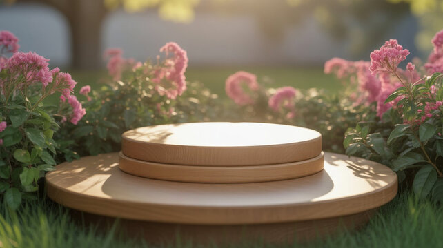 soft focus wooden cake stand with pink hydrangeas in sunlit garden