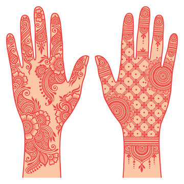 Red henna designs on hands.