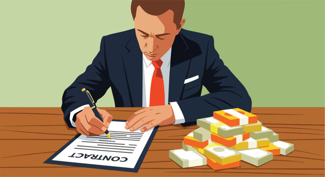A businessman in a suit signs a contract next to a large pile of stacked cash