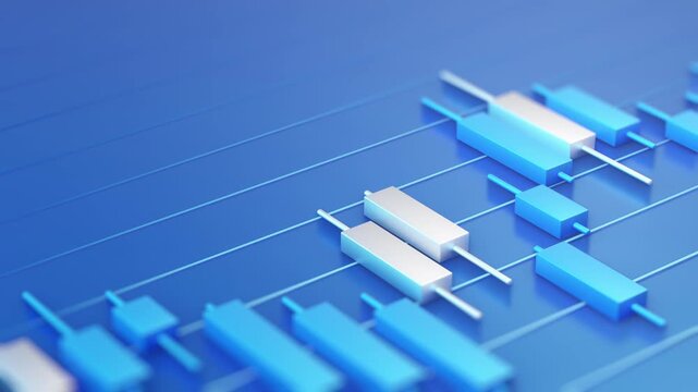 Looping video of 3D blue and white candlestick chart sliding and animating on a blue background. Ideal for financial, stock market, trading, investment, and business presentation concepts.