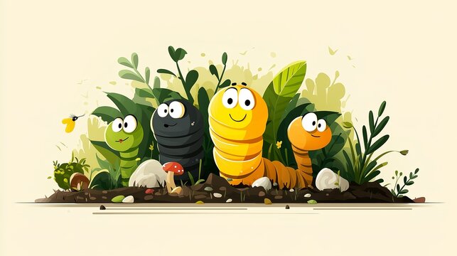 Humorous worms in the forest. Illustration on the theme of cartoons and characters, humor, and comics.