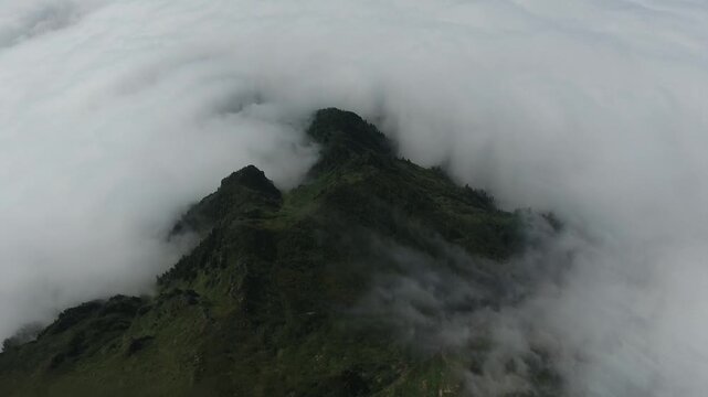 Aerial view of alpine mountain ridge meadows rising above dense cloud layers aloft. Carpathian range shows high altitude, rugged peaks, and inversion rugged plus dramatic peaks.