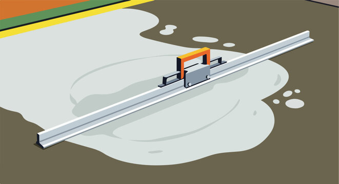 A professional metal concrete screed tool smoothing a layer of wet gray cement