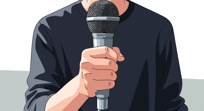 A stylized illustration of a person holding a microphone up to their mouth area