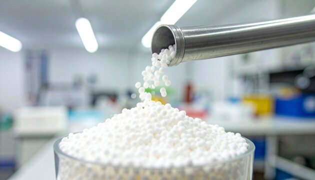 "Close-up of white spherical pellets being dispensed from a metallic nozzle into a container in a bright laboratory setting."