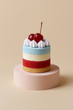 Small layered cake with cherries and white frosting on a pastel pink pedestal in a clean studio setting.