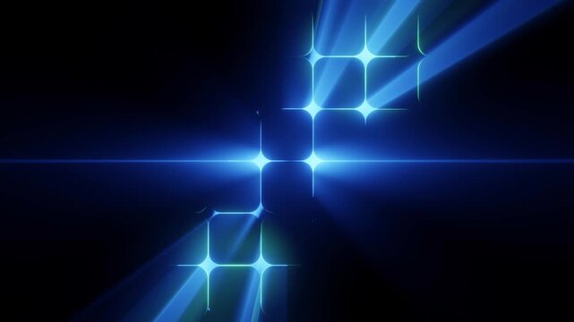 Abstract glowing blue and green rounded rectangles arranged in a grid with light rays bursting from the center on a dark black background. Perfect for technology, gaming, and futuristic design