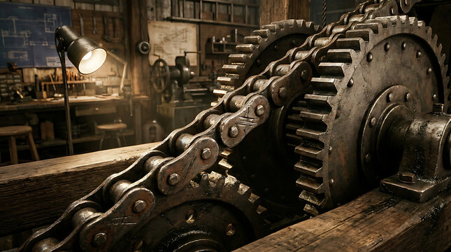 Vintage Roller Coaster Chain Lift Mechanism in a Workshop