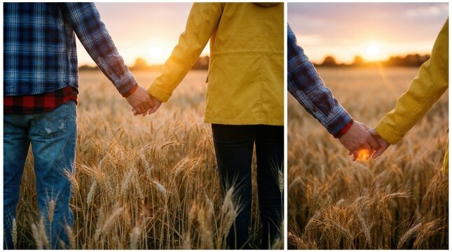 Couple holding hands in a golden wheat field at sunset
