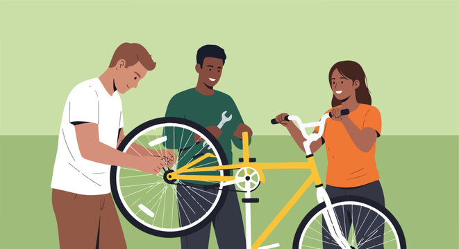 Three diverse friends working together to repair a yellow bicycle in a flat style