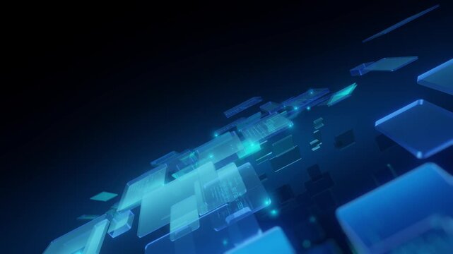 Looping video of blue and green transparent tech panels with code flying diagonally with glowing particles on dark background. Perfect for technology, software, AI, and digital innovation video