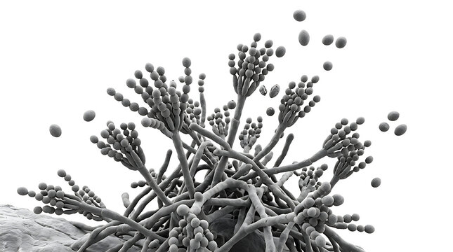 Microscopic view of Aspergillus mold with conidiophores and spores