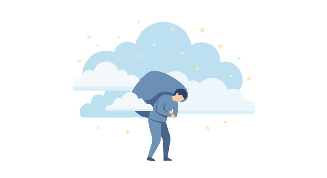 A vector illustration shows a person hunched over while carrying a large blue sack on their back against a background of clouds and stars.