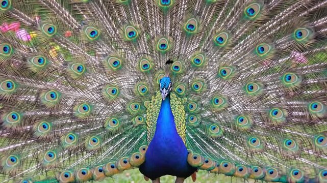 A frontal view of a male Indian peacock displaying its full iridescent tail plumage fan with vibrant blue, green, and gold feathers and prominent eyespots in a natural outdoor park.