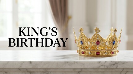 King's Birthday celebration concept, ornate gold crown with jewels on marble table, royal coronation and monarchy anniversary background