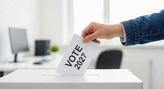 A person casting a vote into a ballot box illustration