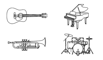 Minimalist black and white musical instruments vector illustration set clean line art outline of guitar piano trumpet and drums © Mdsahag