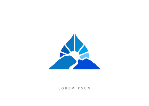 Mountain Sunrise Water Drop Logo. Professional Blue Liquid Drop Vector for Mineral Water, Wellness, and Eco-Friendly Resort Identity