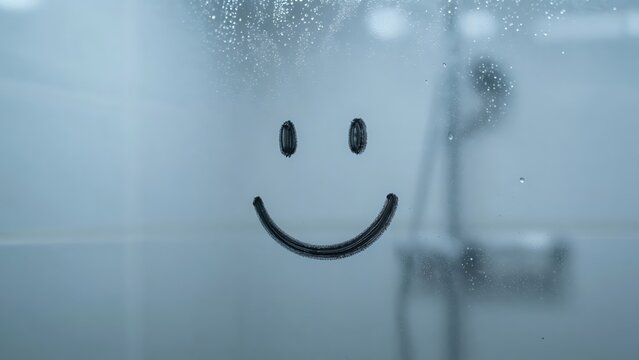 Smiley face hand drawn on foggy glass background in bathroom with condensation, minimalist emotional concept for wellness and positivity