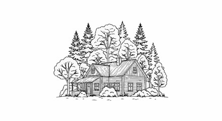 Fototapeta premium Rustic wooden cabin nestled amidst tall trees and dense foliage