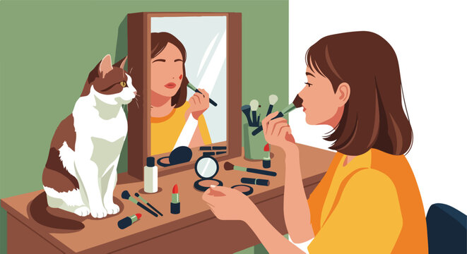 A woman applying makeup at a vanity mirror as her pet cat watches attentively