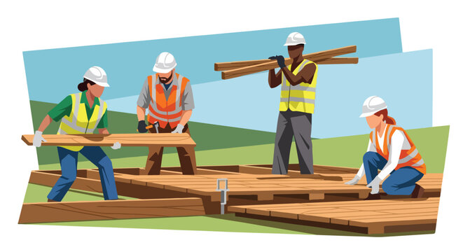 Four diverse construction workers in safety gear installing a wooden floor deck
