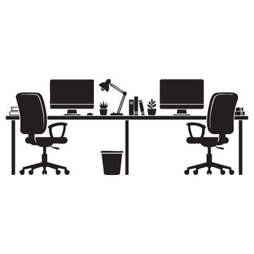 Minimalist Black Silhouette Design Featuring Two Modern Office Workstations With Chairs Computers Desk Lamp Potted Plants And Trash Bin Isolated On Plain White Background