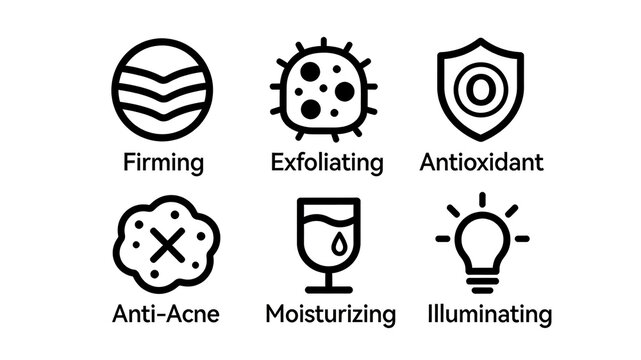 Linear skincare icons such as lines, viruses, and light bulbs represent the skincare concept of firming, exfoliating, acne removing, moisturizing, and antioxidant brightening.
