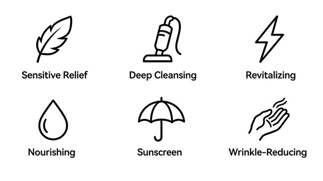 Representing the comprehensive skincare concept of soothing, cleansing, sun protection, nourishing, and revitalizing wrinkles.

