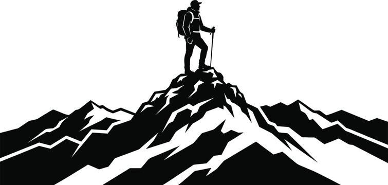 Silhouette illustration of a lone hiker standing at the peak of a high mountain summit top