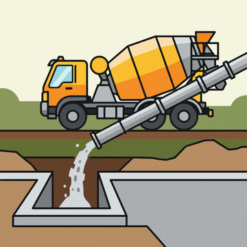 A yellow concrete mixer truck pouring wet cement into a foundation trench base
