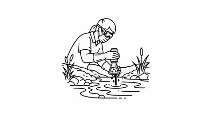 Fototapeta premium Scientist collecting water sample in nature with protective gear and equipment