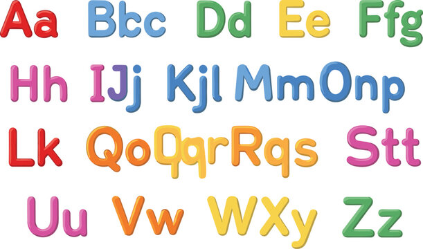 Colorful 3D bubble alphabet set for kids featuring bold uppercase and lowercase letters in vibrant colors for nursery education and school classroom poster designs.
