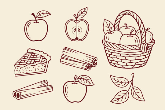 Set of handdrawn apple harvest and cinnamon icons outline sketch vector illustration