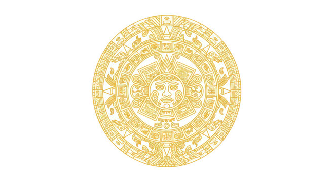 Ancient Mayan Calendar Sun Stone Illustration, Golden Aztec Sun Symbol