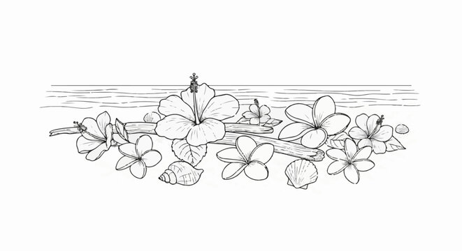Seaside scene with driftwood, tropical flowers, and seashells