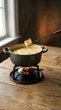 Close-up of a slice of toasted bread dipped in hot cheese fondue, with a fondue pot and burner on a rustic wooden table, soft window light.