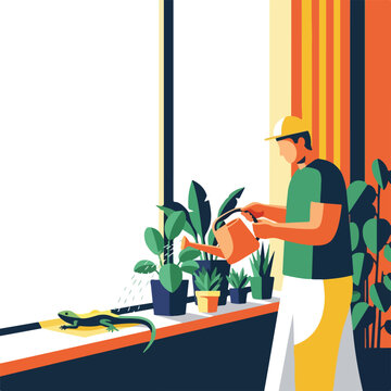 A person waters indoor plants on a windowsill with a small lizard nearby