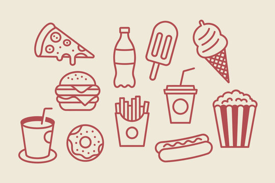 Set of fast food icons in line art style outline sketch vector illustration
