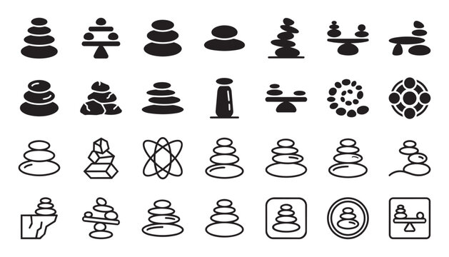 A collection of clean, stylized icons showing stones balanced in various creative formations and shapes.